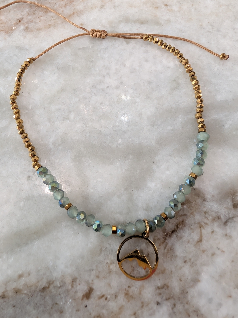 Copper and Pale Aqua Beaded Cord Bracelet With Mt. Peak Charm